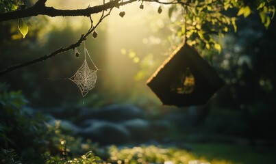 Cobweb hanging on a branch in a garden with sunlight casting a silhouette