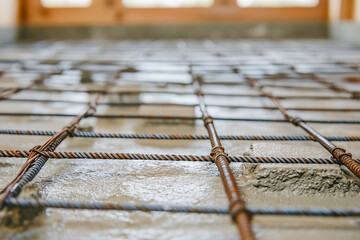 Poster - Freshly poured concrete with rebar grid at construction site
