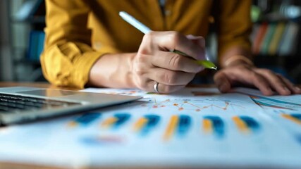 Poster - This person focuses on data analysis while writing on charts at their desk in an office setting.