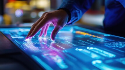 Poster - software engineer using interactive touchscreen with glowing holographic user interface, working on 