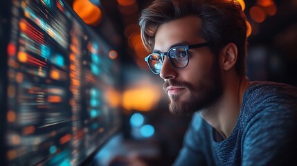 Focused programmer reviewing code on large monitor at night.