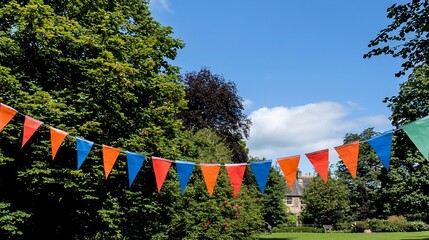 Colorful bunting flags strung between trees in a park on a sunny day.