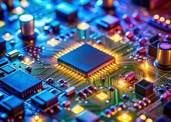 Poster - High-Resolution Close-up of Electronic Circuit Board Under Test with Probes and LEDs