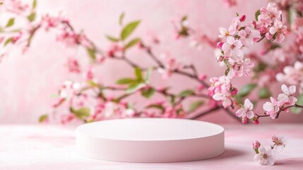 Poster - A smooth, round podium stands elegantly in a soft pastel setting, surrounded by vibrant pink cherry blossom branches. The tranquil ambiance invites creativity and inspiration