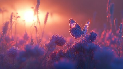 Wall Mural - Butterfly on Purple Flower Field at Sunrise with Soft Light