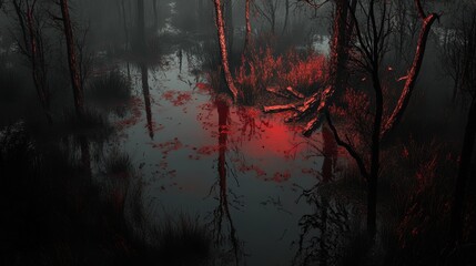 Wall Mural - Mysterious Foggy Swamp with Red Reflections in Dark Forest