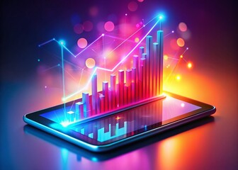 Poster - Holographic Data Visualization: 3D Graph Rising from Tablet, Futuristic Business Analytics on Pink Background