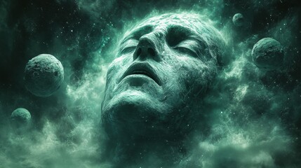 Wall Mural - Ethereal Green Portrait of a Face Surrounded by Cosmic Elements