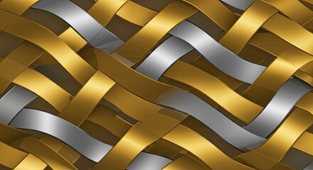 Poster - Golden and Silver Interwoven Pattern: Abstract image featuring a luxurious, interwoven pattern of gold and silver ribbons, creating a dynamic and visually captivating texture.