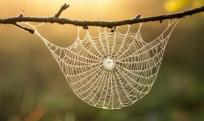 Cobweb hanging on a branch in a garden with sunlight casting a silhouette