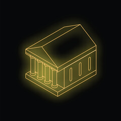 Wall Mural - Isometric view of a bank building drawn with neon yellow lines, glowing on a black background