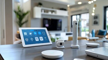 Leinwandbilder - A contemporary living room showcases an array of smart home devices on a table, including a control tablet, security cameras, and smart sensors, all placed in a bright, stylish environment.