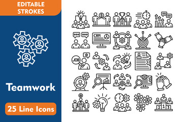 Wall Mural - Teamwork 25 Line Icon Set Included Icons idea, funds, winner, deadline, job promotion, 