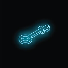 Poster - blue neon key sign glowing on a black background, a bright electric symbol with an isometric perspec