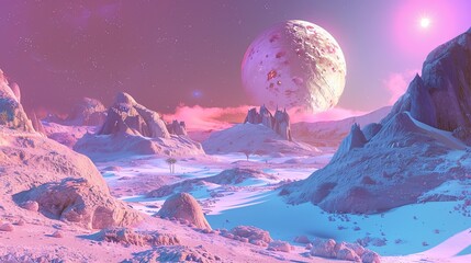 A surreal landscape with pink and blue mountains and a large moon in the sky.