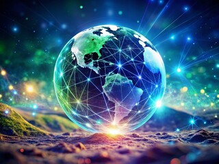 Poster - Illuminated Global Network Sphere: Abstract Double Exposure Stock Photo