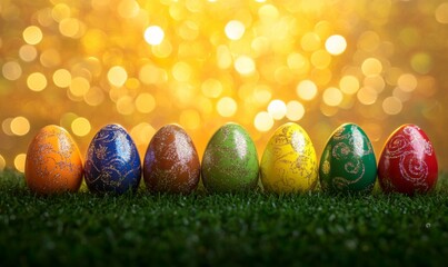 Colorful decorated eggs lined up on grass with sparkling background during Easter celebration