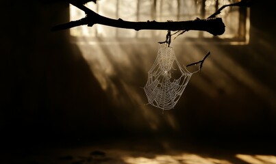 Cobweb hanging on a branch in a garden with sunlight casting a silhouette