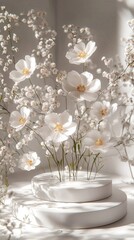 Poster - Soft white flowers with gentle petals rise on a sleek podium, surrounded by delicate buds. The light casts a serene glow, creating an atmosphere of calm and beauty in springtime