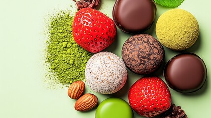 Poster - Variety of desserts including chocolate covered strawberries and green powder. The desserts are arranged in a way that they look like they are on a plate