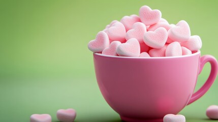 Poster - Pink cup filled with heart shaped candies. The cup is on a green background