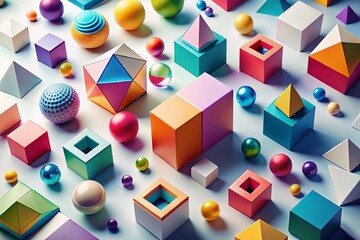 Poster - Isometric Geometric Shapes Abstract Background - 3D Colorful Blocks