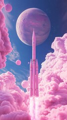 Wall Mural - pink rocket ship launching from planet earth through pink clouds towards a new planet in space explo