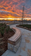 Wall Mural - Serene sunrise over a curved park bench and pathway.