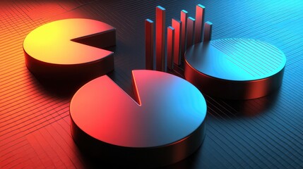 Poster - Abstract futuristic background with glowing pie charts and bar graphs on a dark gradient surface.