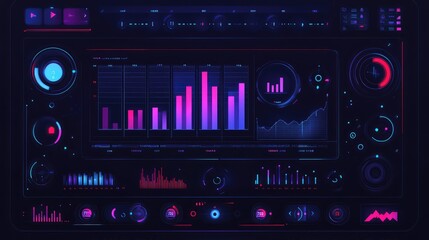 Aufkleber - Abstract digital interface with holographic financial graphs and charts on a dark background with copy space.