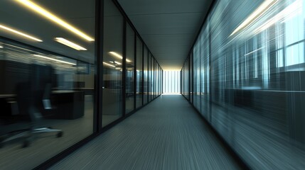 Aufkleber - Abstract motion blur effect of a modern office with glowing lights and plenty of room for creative text overlays.