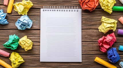 Poster - A blank notebook with colorful markers scattered around on a wooden desk, symbolizing brainstorming.