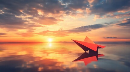 Poster - A single paper airplane on a reflective surface, symbolizing innovation and new business ventures.
