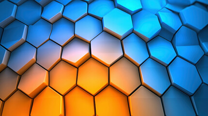 Fototapete - Stunning 3D Geometric Fractal Background with Cascading Blue and Orange Hexagonal Patterns