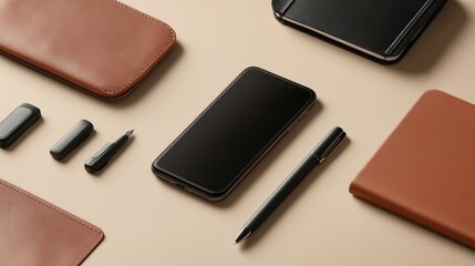 Poster - Business tools laid out in a flat lay style, including a smartphone, pen, and notebook on a neutral backdrop.