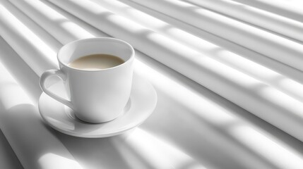 Poster - Clean workspace with a tablet and a cup of coffee on a bright white table. Ample background space for creative designs.