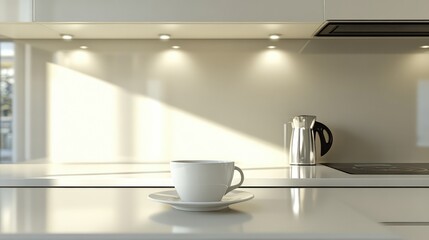 Poster - Clean workspace with a tablet and a cup of coffee on a bright white table. Ample background space for creative designs.