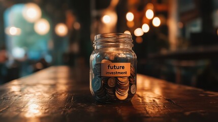 Poster - Close-up of a jar labeled future investment filled with coins on a wooden table.