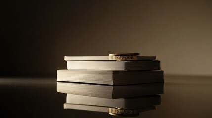 Poster - Close-up of a stack of blank currency notes and coins on a reflective surface with ample copy space.