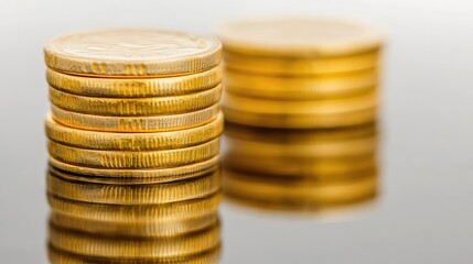 Poster - Close-up of gold bars and coins stacked on a reflective surface with a clean backdrop.