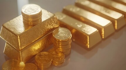 Poster - Close-up of gold bars and coins stacked on a reflective surface with a clean backdrop.