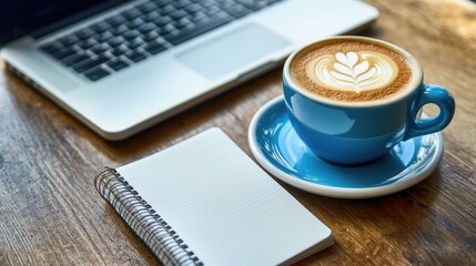 Poster - Flat lay of a notebook, coffee cup, and laptop on a clean table, representing planning and organization.