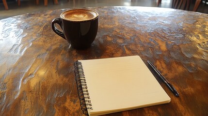 Poster - Flat lay of a clean desk setup with a notepad, pen, and coffee on a light background for strategy creation.