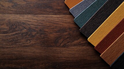 Poster - Flat lay of colored pencils, sticky notes, and a blank sketchpad on a wooden surface with copy space.