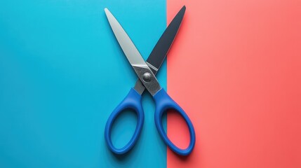 Poster - Flat lay of craft materials like scissors, paper, and glue on a colorful background.