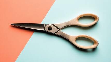 Poster - Flat lay of craft materials like scissors, paper, and glue on a colorful background.