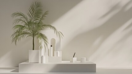 Poster - Minimalist desk layout with blank stationery items and a plant, symbolizing organized business growth.
