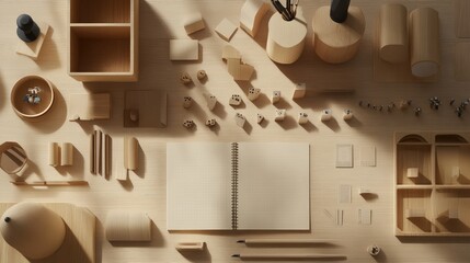 Poster - Minimalist product design workspace with a notebook, sticky notes, and measuring tools on a light wooden surface.