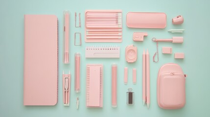 Poster - Top-down view of office supplies arranged neatly on a pastel background, leaving ample copy space.