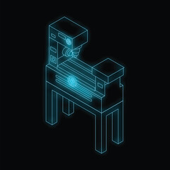 Poster - Neon blue isometric milling machine glowing on black background representing modern manufacturing process